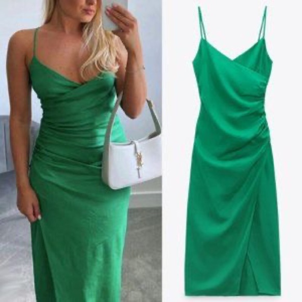 NEW Zara Green Linen Blend Camisole Surplice V Neck Ruched Gathered Midi Dress S